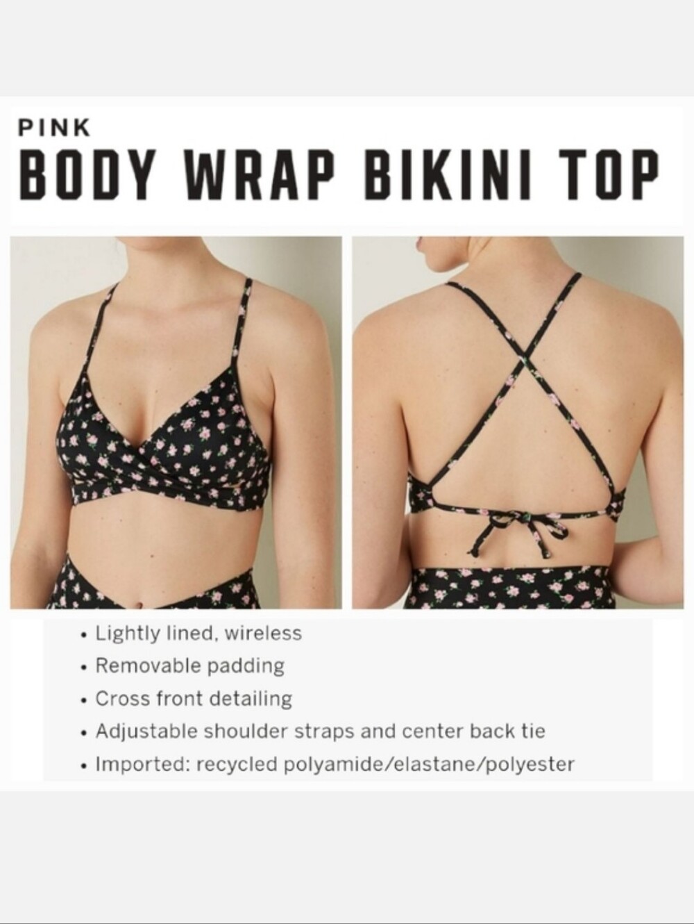 Victoria's secret pink body wrap bikini swim top BLACK FLORAL LARGE